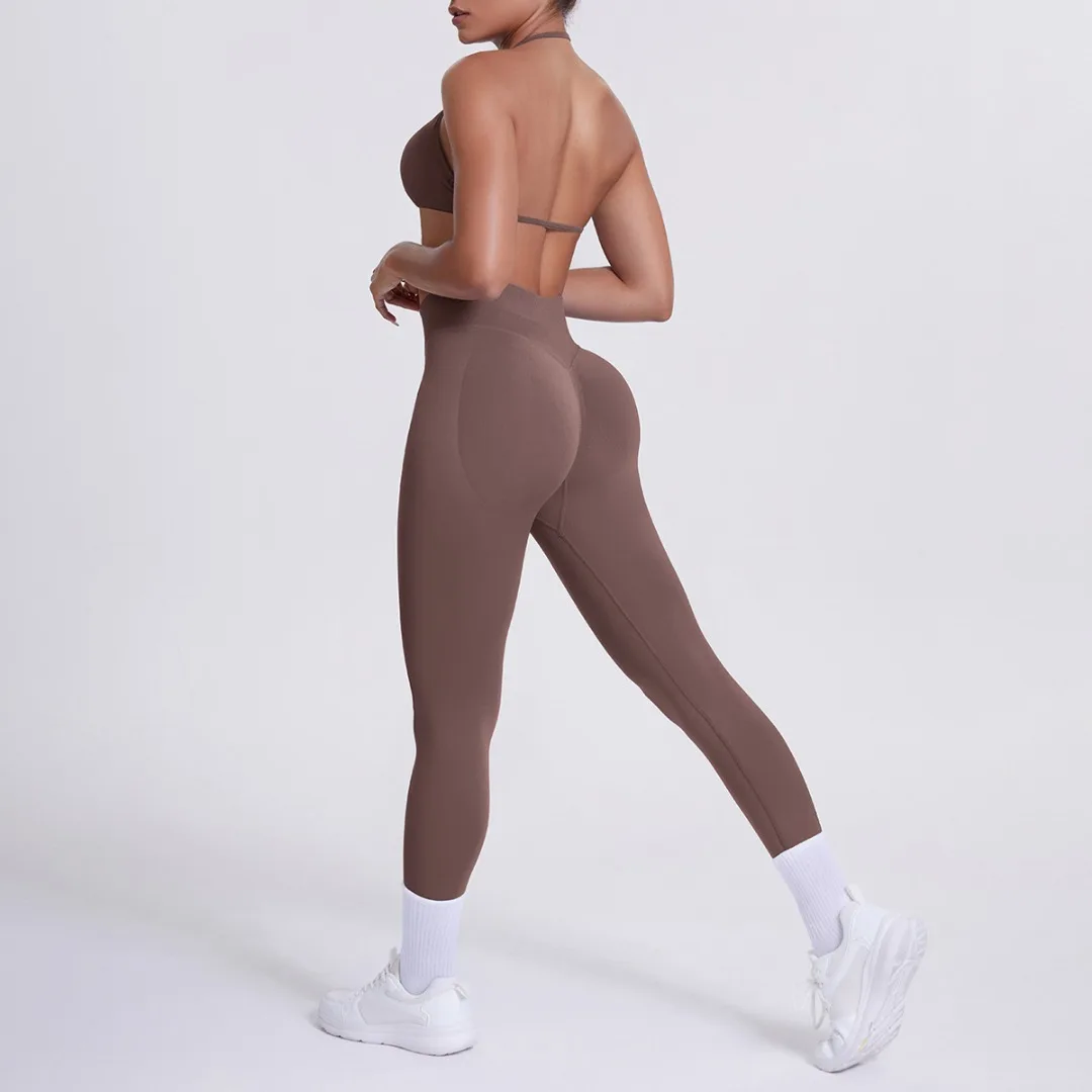 

Seamless Yoga Set Fitness Sports High Waist Tight Backless Halter Bra Long Pants Yoga Outfit Running Workout Clothes Gym 2pc Set