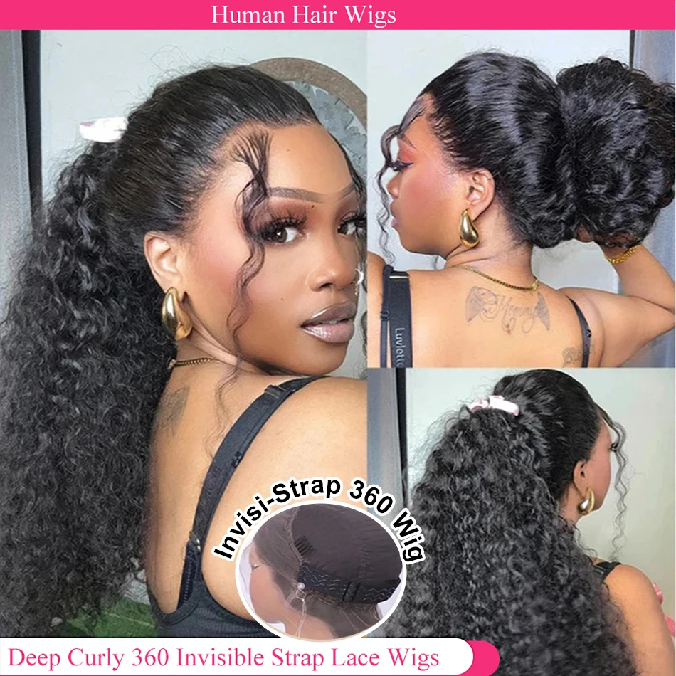 

Invisible Strap HD 360 Lace Front Wig Human Hair Deep Curly Precut 360 Full Lace Wig Drawstring Snug Fit Glueless Wig Human Hair
