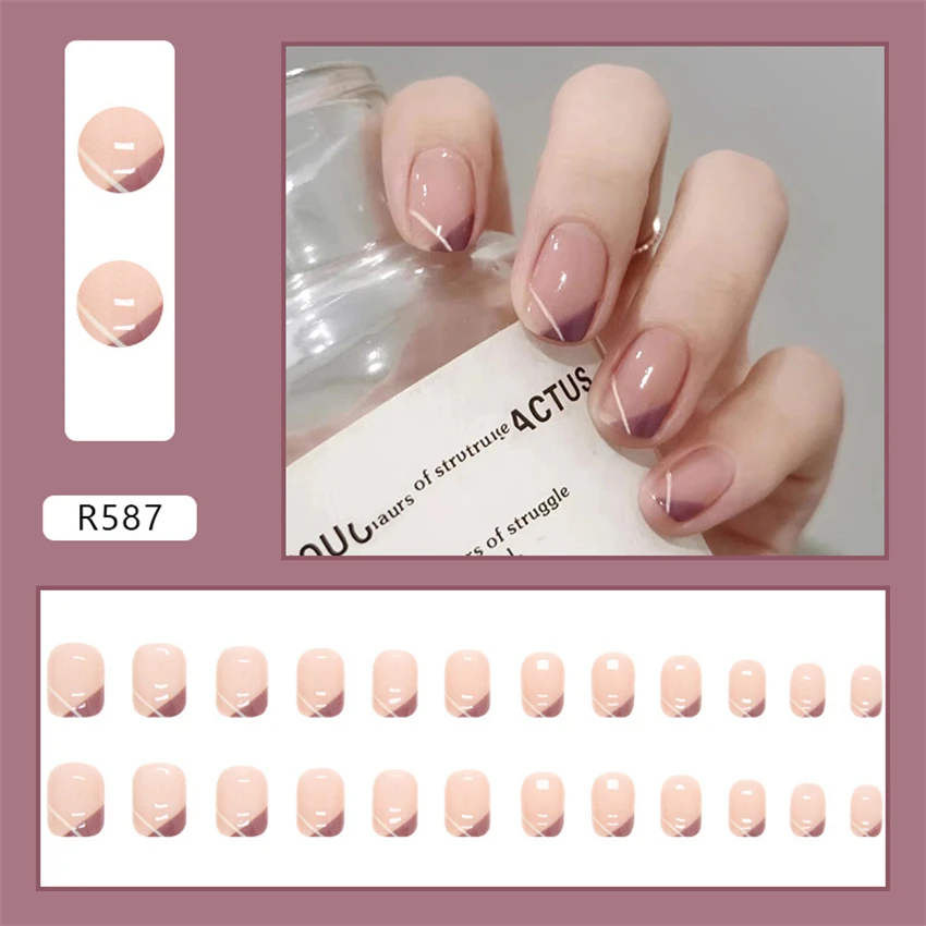 24Pcs/Set Peach Peach Halo Design Art Fake Nail Pieces Fashion French Acrylic Press on Nail Full Cover Wearing False Nails Tips