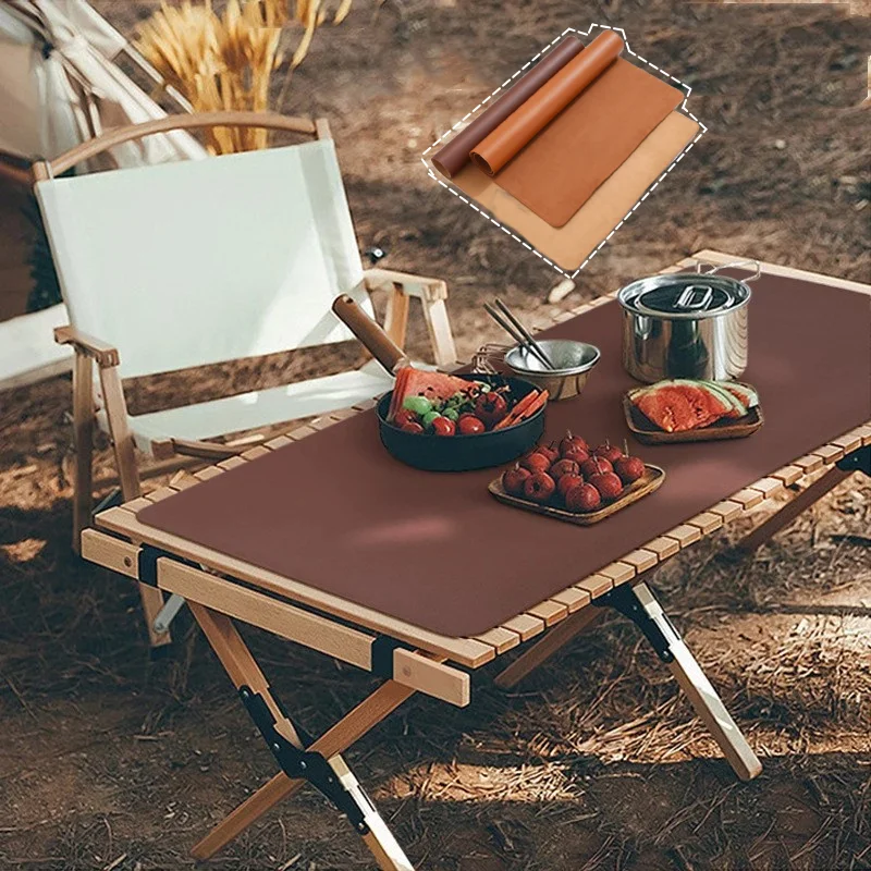 Table PU Leather Thicken Waterproof Mat Camping Wood Roll Table Mat Heat-Resistant Wooden Desk Pad For Outdoor Picnic BBQ