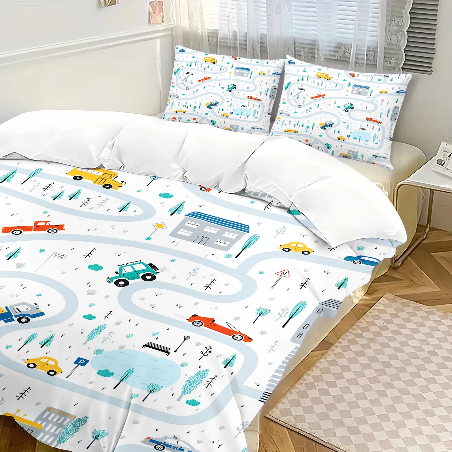Cartoon Cars Bedding Set Engineering Vehicles Pattern Duvet Cover Boy's Bedclothes Bed Linen Gift for Kids