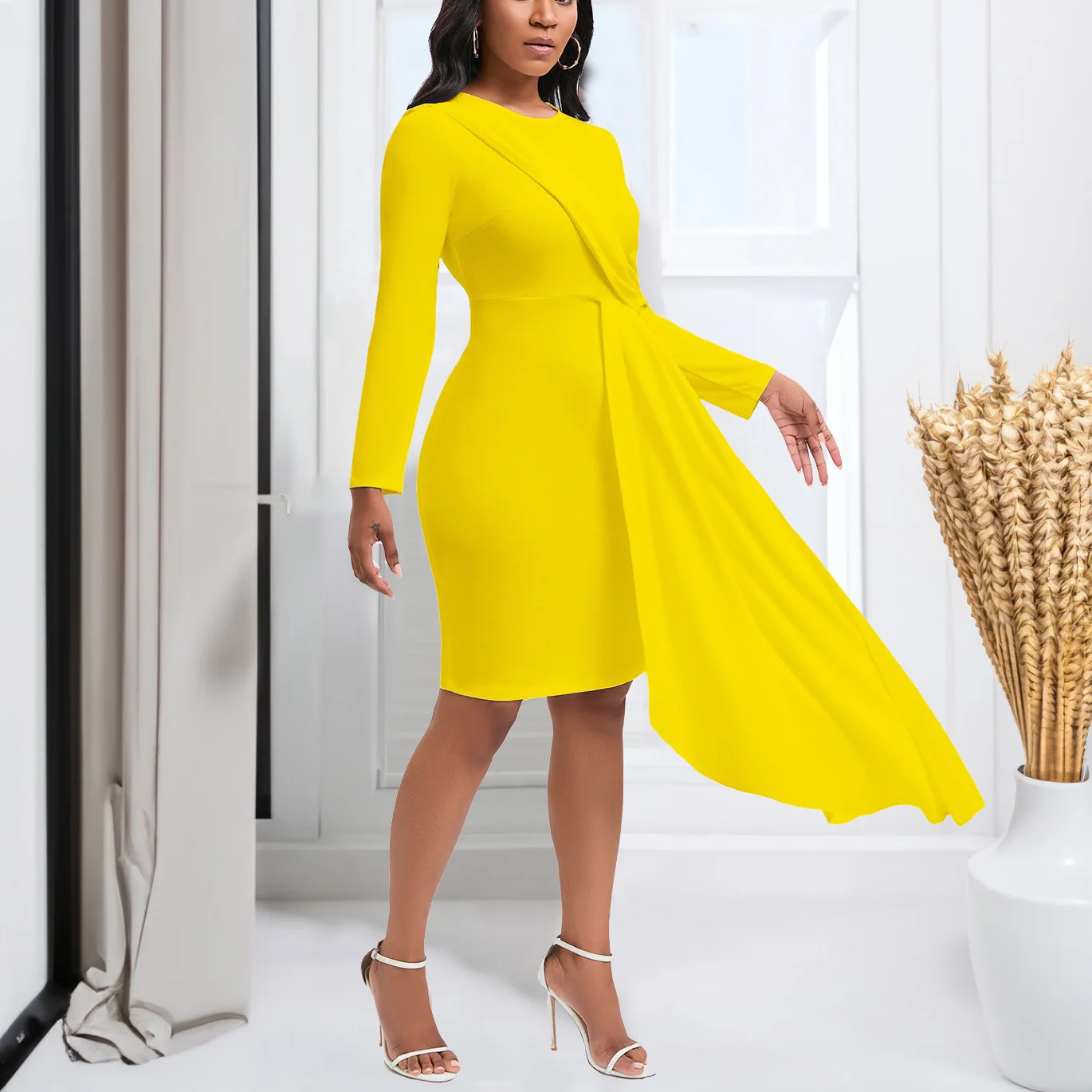 Elegancka sukienka damska 2024 O Neck Full Sleeve Big Swing Sheath Mid Calf Fashion Female Birthday Party Dinner Vestidos Mujer Dress