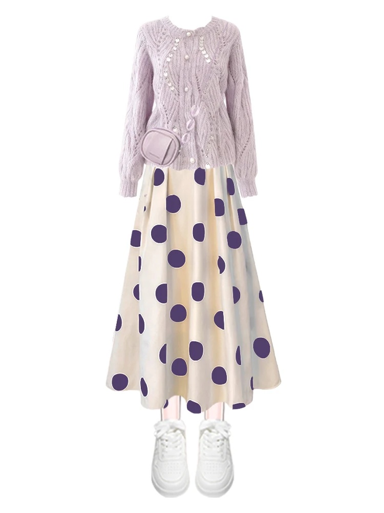 Fioletowy dzianinowy komplet z spódnicą w kropki dla kobiet, zimowy, modny, artystyczny, delikatny, w stylu wiatru.