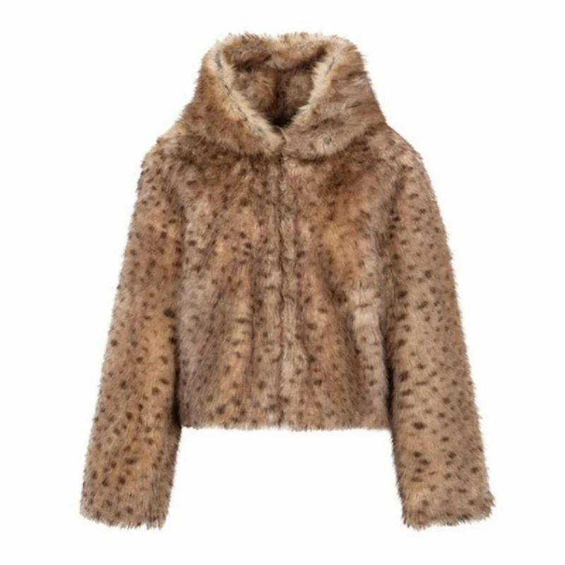 

Короткое пальто, женские пальто из искусственного меха, куртки на молнии с капюшоном, толстая теплая уличная куртка Y2k с леопардовым принтом, элегантная рабочая осень-зима