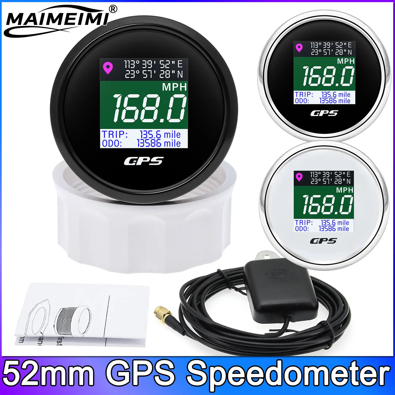 52mm GPS Speedometer With GPS Antenna Digital TFT Screen Odometer Mph Knot Km/h Speed Gauge TRIP ODO For Boat Car Motor Yacht