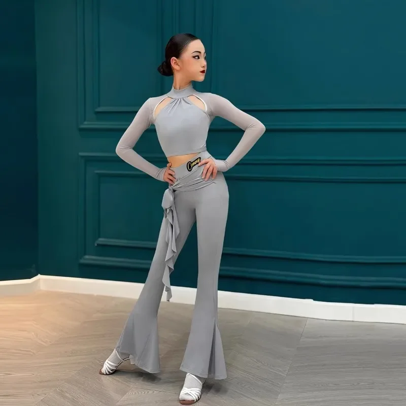 

Осень-зима, новая детская одежда для современных латинских танцев для девочек, сетчатый топ с длинными рукавами и широкими брюками, национальный стандартный комплект