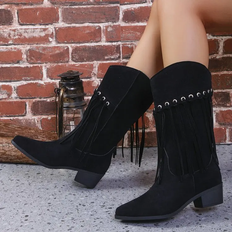 2024 Best-selling Autumn and Winter New Mid-heel Pointed Head Large Size 36-43 Fringe High Knee-high Fashion Women's Boots