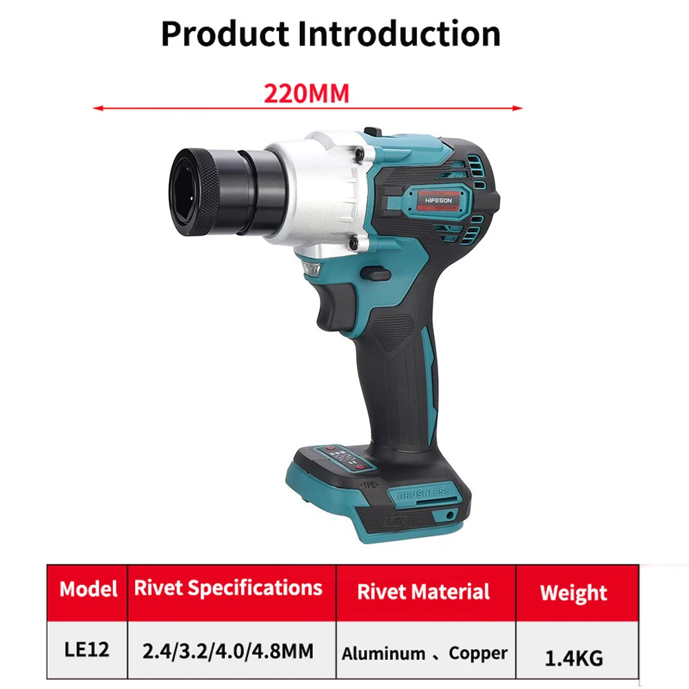 Imagem -03 - Brushless Elétrica Rivet Gun Machine Kit Poderoso Recarregável Automático Nut Gun Rebitador Ferramenta Cabeça de Rebitador M3-m12