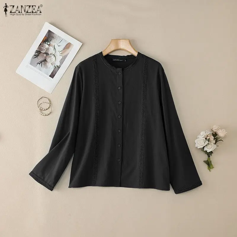 

Women Long Sleeve Tops Elegant Work Blouses ZANZEA 2026 Autumn Shirt Spring Casual Solid Cotton Blouse Female Button Up Blusas