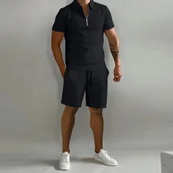 Herenpak effen kleur poloshirt revers verticale strip broek korte mouw shorts sport casual losse mode herenkleding