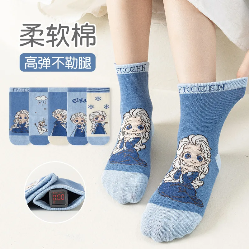 

5Pairs Disney Children Socks Cartoon Princess Elsa Girls Socks Spring Autumn Middle Tube Sock Cotton Cute Kids Anime Socks Gifts