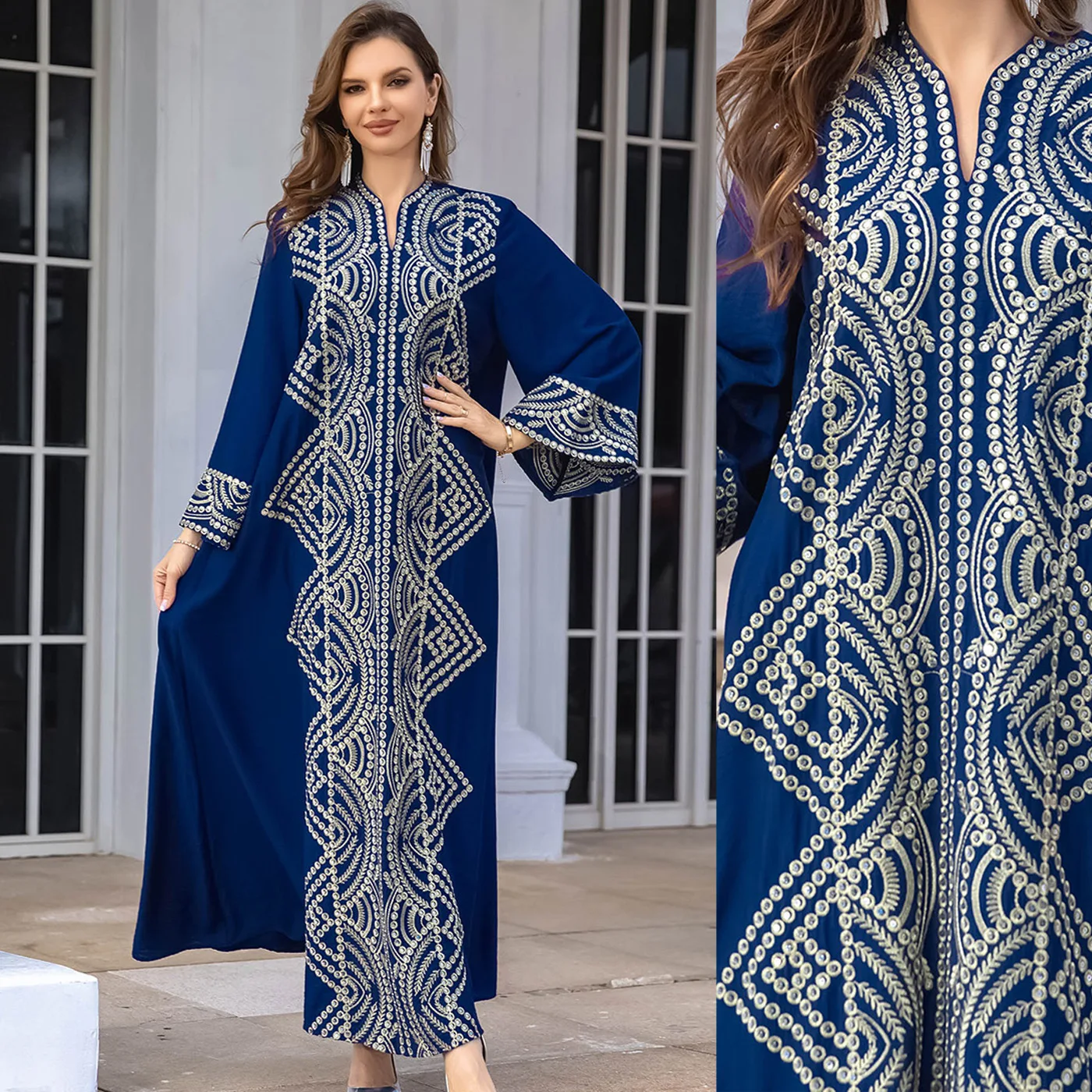 

Muslim Women's Blue Robe Sequin Embroidered Abaya Dubai Robe Middle Eastern Evening Dress 2024 Spring Fashion New Casual Dresses