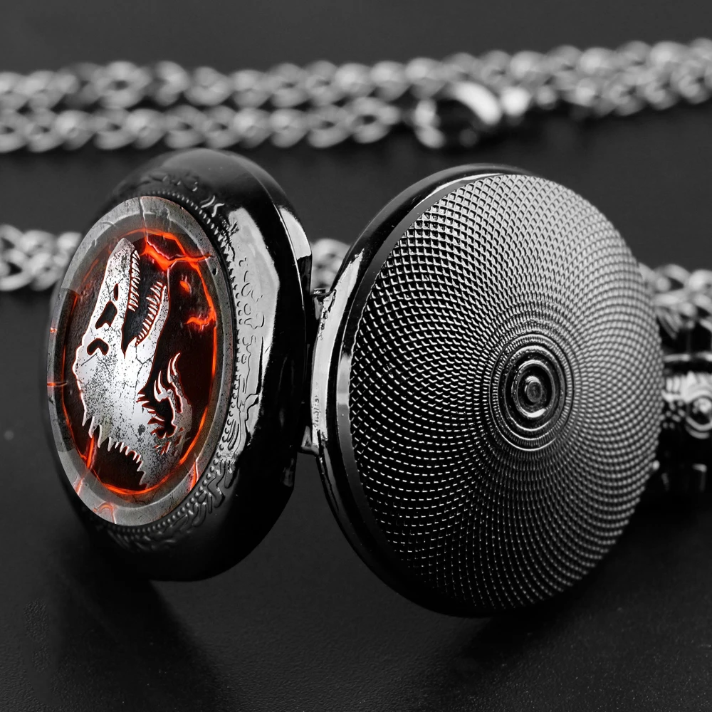 Dinosaur Glass Dome Quartz Pocket Watch With Durable Chain Arabic Numeral Dial Halloween Gifts for Men Women Kids
