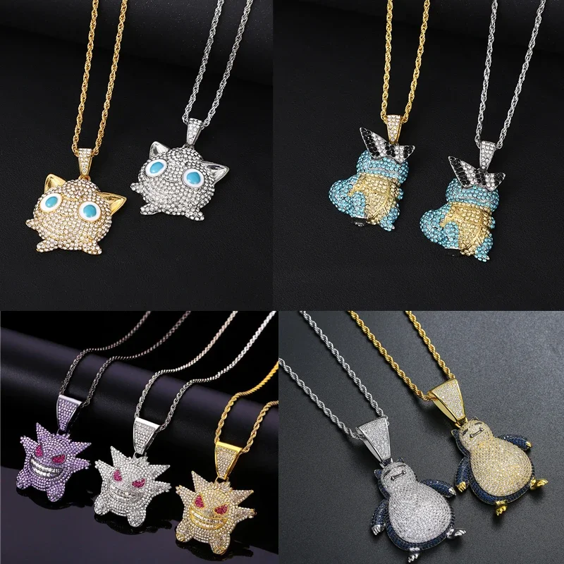 Pokemon Anime Peripheral Necklace Diamond Gengar Squirtle Snorlax Pikachu Hip-hop Pendant Jewelry Children's Toys Birthday Gift