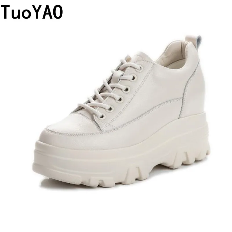 Autumn Women Genuine Leather Shoes Platform Wedge Sneakers Chunky Shoes Hidden Heel 8CM White Beige Women Casual Shoes Spring