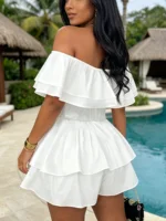 Women's White Off Shoulder Ruffle Romper - Sweet Layered Ruffle Sleeve High Waist Tiered Mini Jumpsuit for Beach Vacation&casual - Image 2