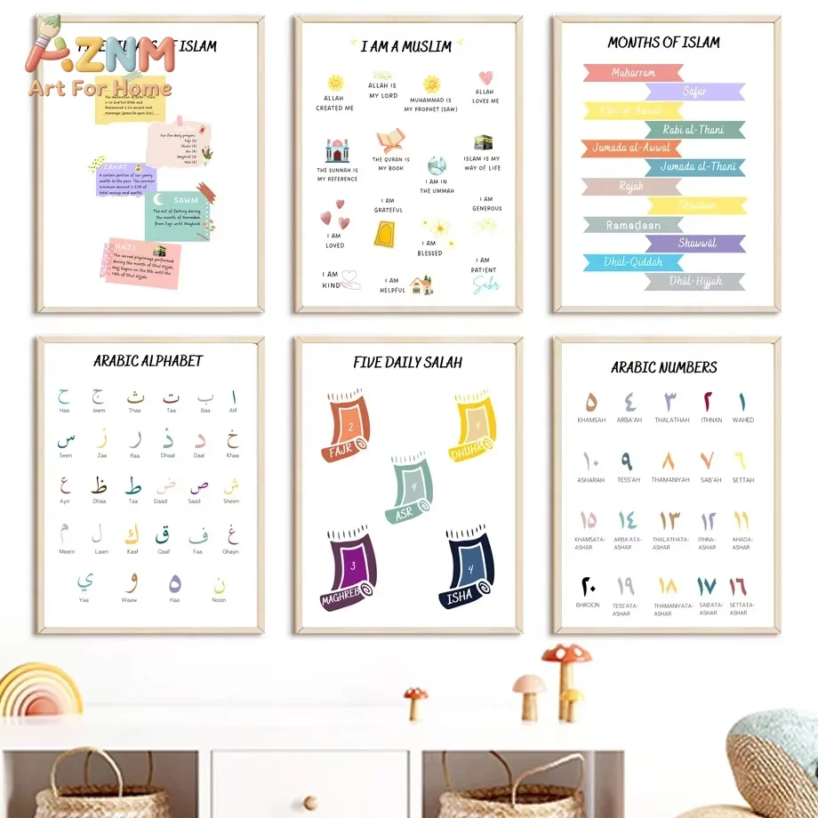 Islamic Arabic Prophet ABC Number Month Nursery Wall Art Prints Canvas Painting Education Posters Picture  Room School Decor