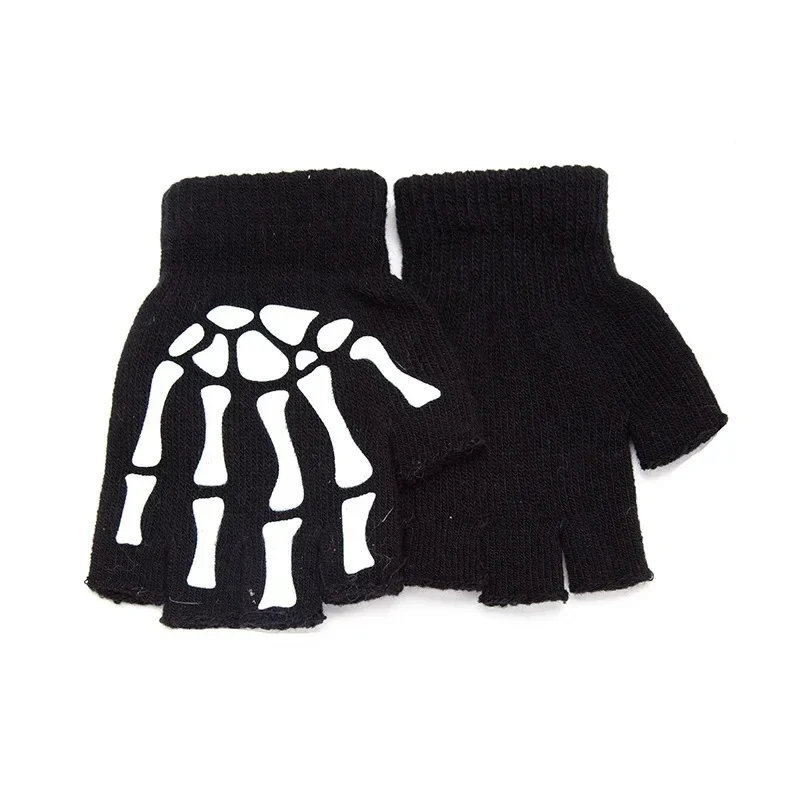 Unisex Adult Halloween Skeleton Skull Half Finger Gloves Glow in the Dark Fingerless Stretch Knitted Winter Mittens