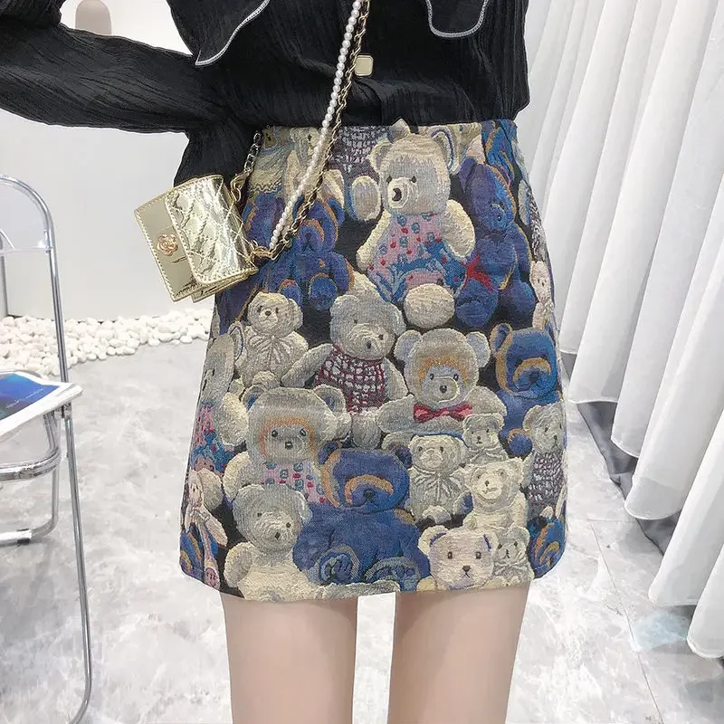 2025 Summer New Cartoon Bear Embroidery Skirts for Women Japanese Fashion Age Reduction Cute All Match High Waisted Y2k Skirt
