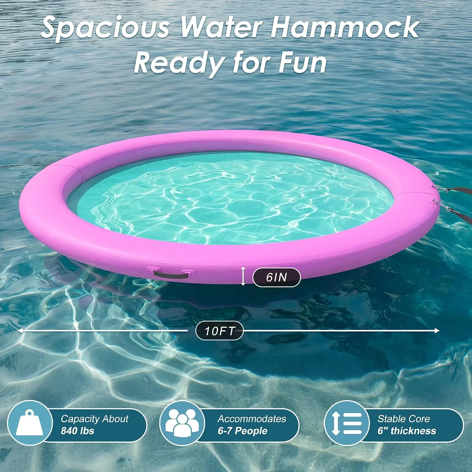 Heavy Duty Inflatable Water Hammock Float Ring with Mesh Design, Sunchill Raft Platform for Pool, Lake, Ocean - Available in 8/10/12 FT