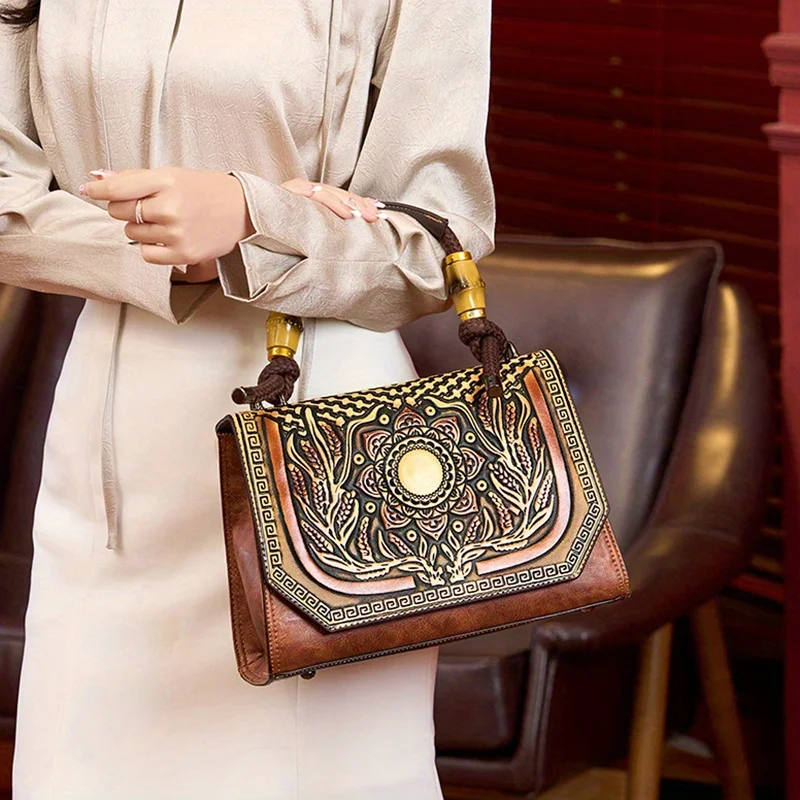 Retro luxury leather carving bag 2024new high-end handbag with embossed design for women, single shoulder crossbody bag, handbag