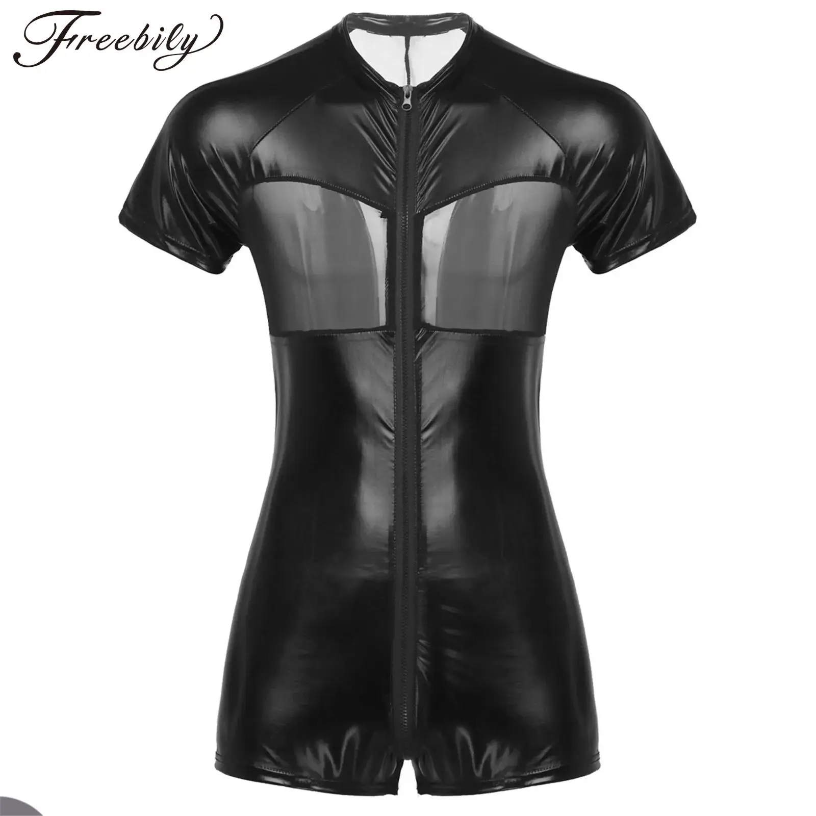 

Mens Short Sleeves Jumpsuit Shiny Metallic Mesh Patchwork Short Bodysuit Skin-Tight Leotard Hommes Bodysuits Clubwear Nightwear