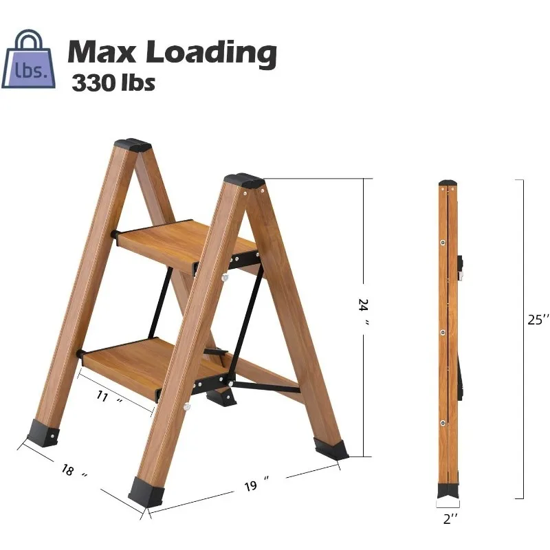 Taburete escalonado plegable con Pedal ancho y resistente, antideslizante, ligero, estante de grano de madera de aluminio portátil, 330 libras,