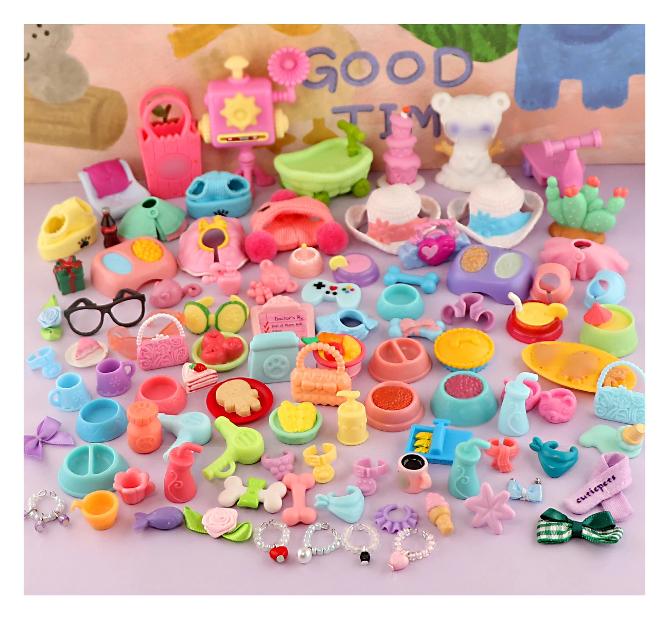 

Lovely Accessories Pack Lot (Random 35 PCS)Hat Glasses Bow Skirt Collar Food and Drink Fit and Collie Dachshund Husky Puppy