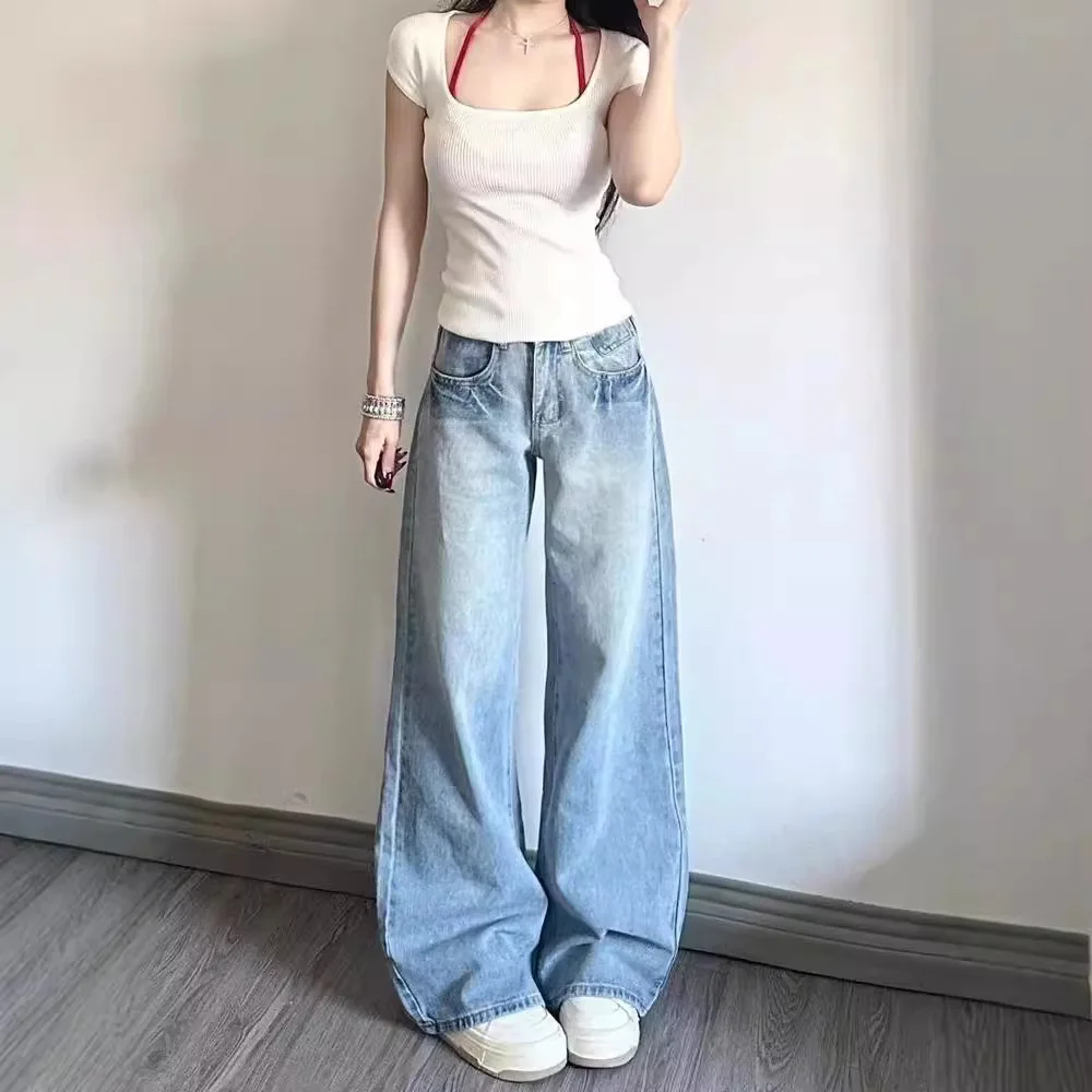 

Лидер продаж, однотонные утягивающие драпированные широкие джинсы, женские весенне-осенние американские модные свободные прямые джинсы длиной до пола