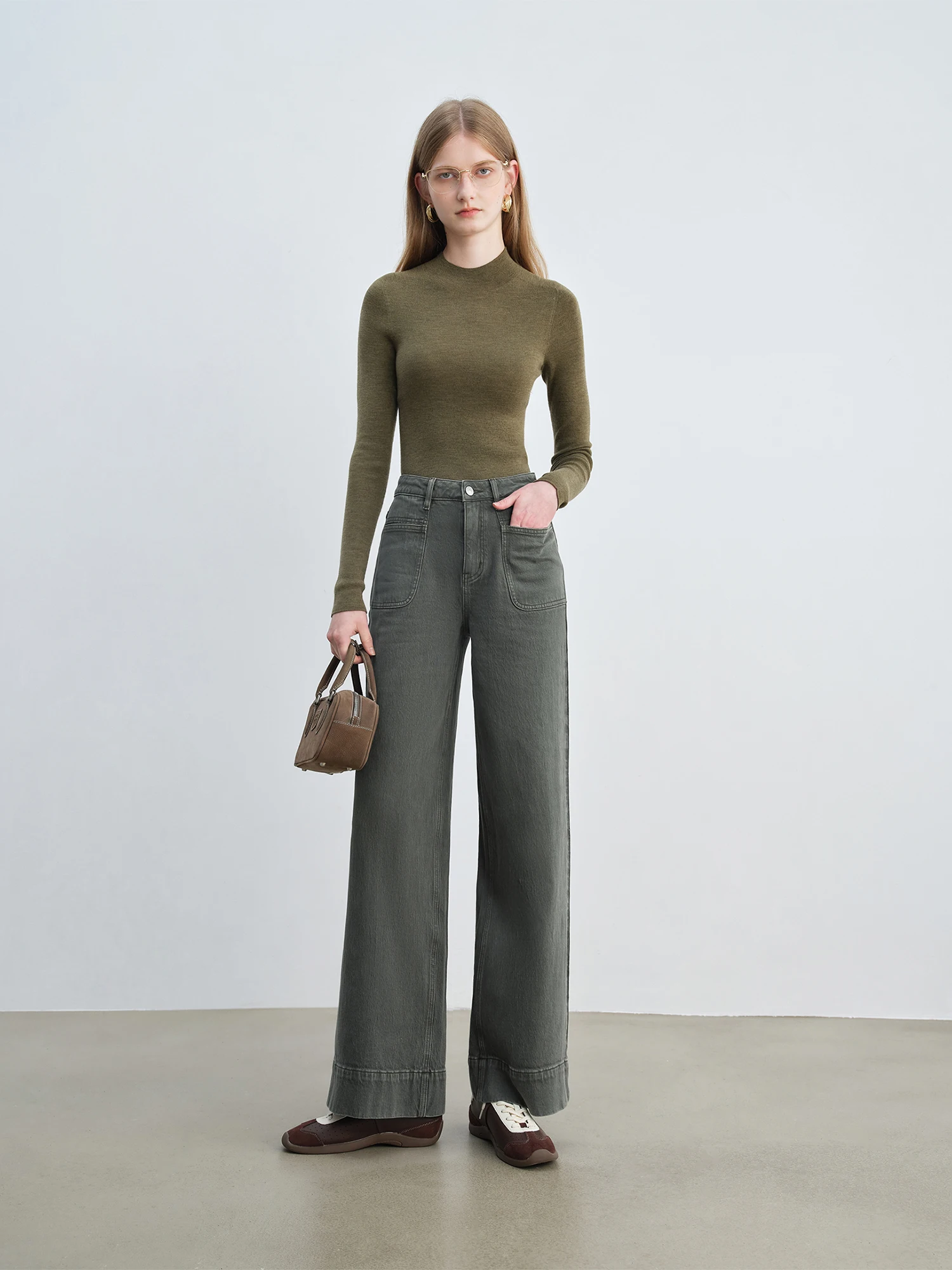 Ziqiao Retro op maat gemaakte groene jeans voor dames 2025, nieuwe stijl, heupbedekkende rechte broek, slanke wijde pijpen, lange broek 25ZQ93010
