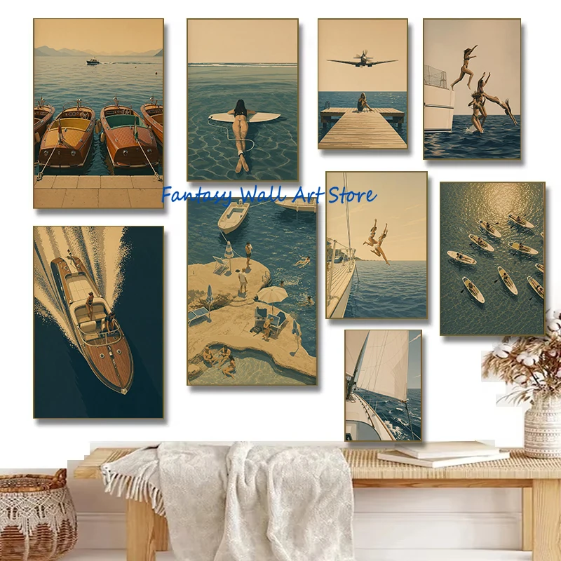 Mediterranean Coastal Yacht Party Sailboat Surfing Luxury Fashion Poster Canvas Print Summer Holiday Coastal Home Room Art Decor