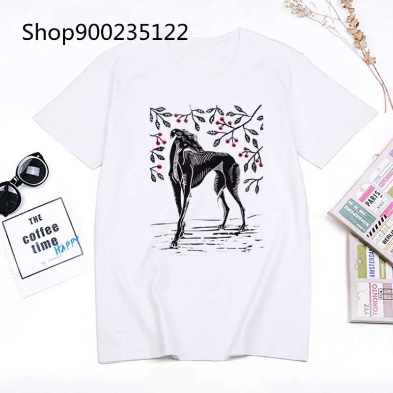 Greyhound Dog Women Funny Tshirts Print Ladies T-shirt Girl Y2K Basis O-collar White Shirt Short Sleeved Summer female Clothing