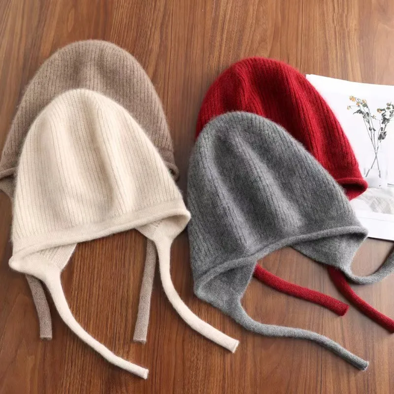 100%Pure Wool Women's Winter Hat Cute Lace-up Knitted Pullover Beanies Cap Fashion Warm Soft Knitted Solid Earflap Skullies Cap 2