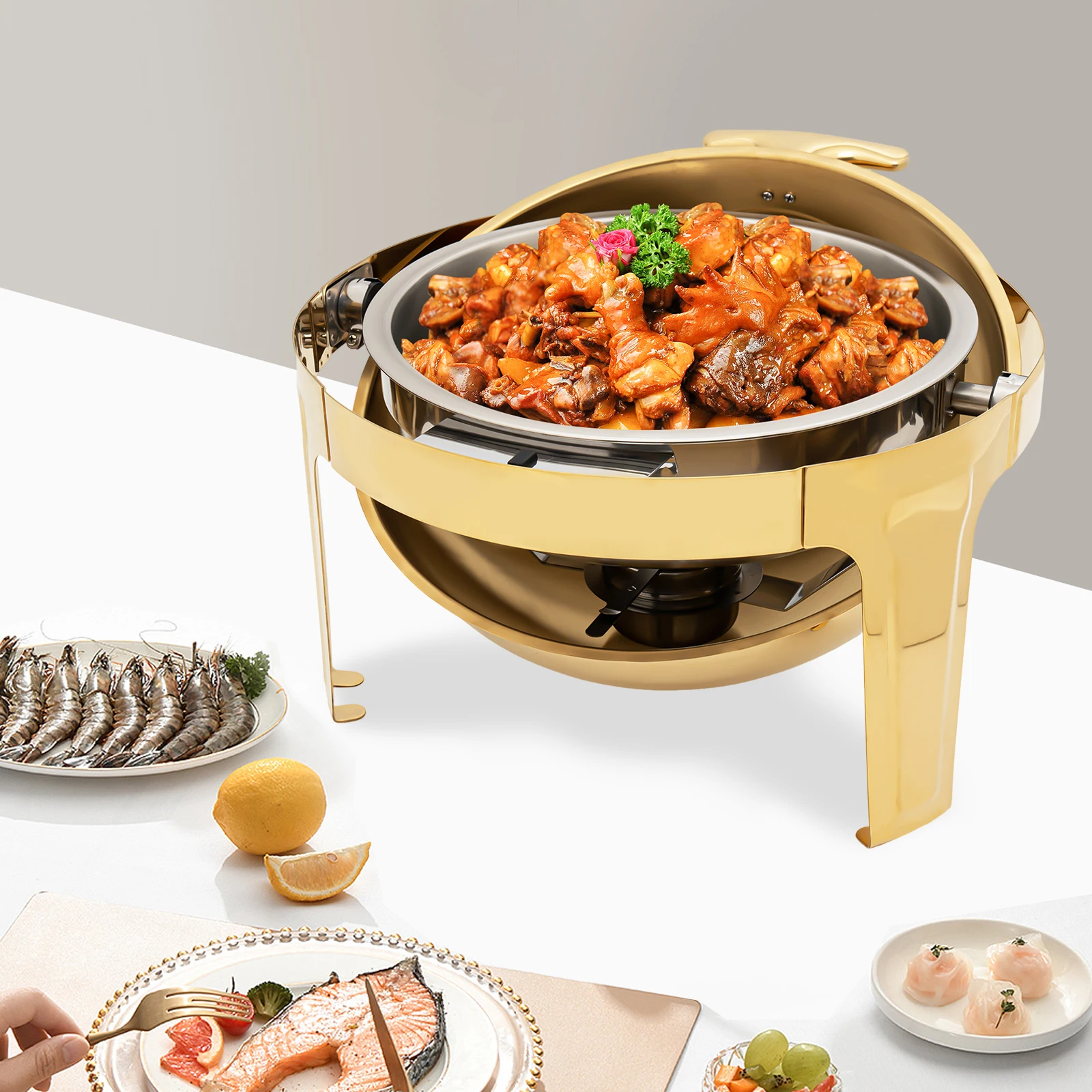 Gold Round Roll Top Chafing Dish, 6L Stainless Steel Buffet Warmer Set with Visual Lid, 90°/180° Opening for Catering, Wedding & Party - view 3
