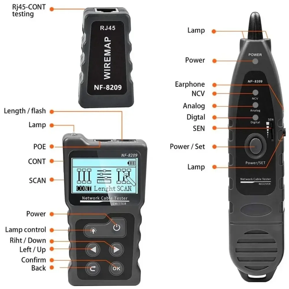 النسخة الإنجليزية NF-8209 RJ45 تستر كابل المقتفي POE شبكة سلك مدقق كابل اختبار أداة الشبكة مسح كابل Wiremap Ut