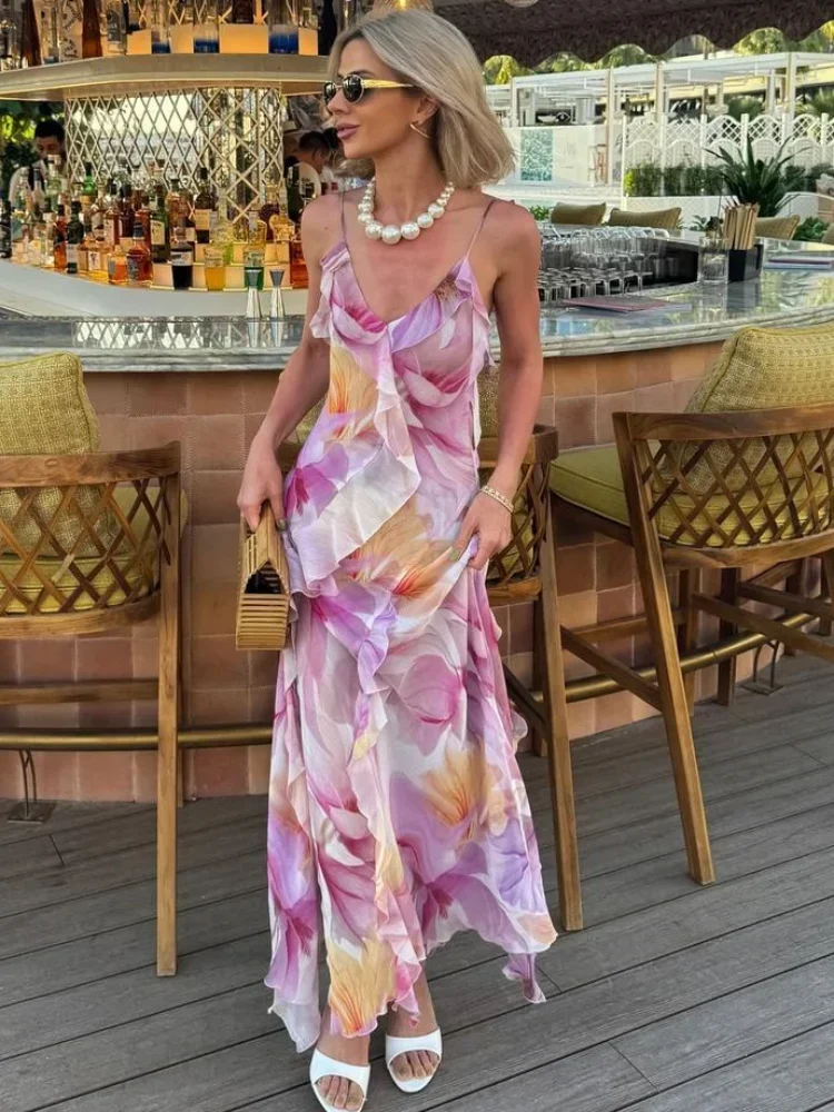 

Flower Printed Women Chiffon Maxi Dress Fashion V-neck Sleeveless Ruffle Slplit Suspenders Dresses Summer Female Holiday Vestido