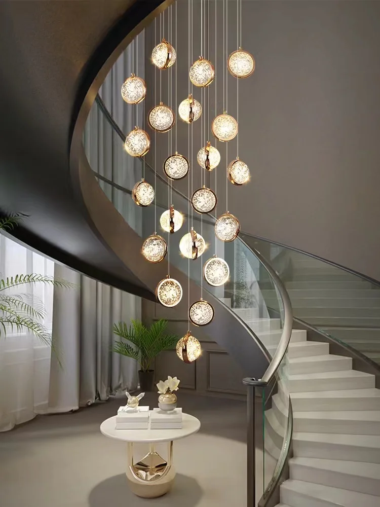 

Modern crystal stair chandelier Light luxury villa duplex living room lobby bubble ball rotating LED bubble long hanging light