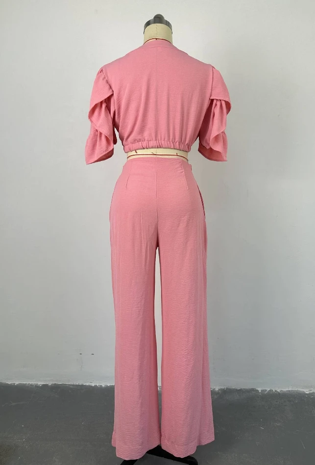 Fashion 2024 Women Two Piece Set Outfits Solid Color V-Neck Flared Sleeve Tie Up Top Wide Leg Pants Casual Set Sport Suit