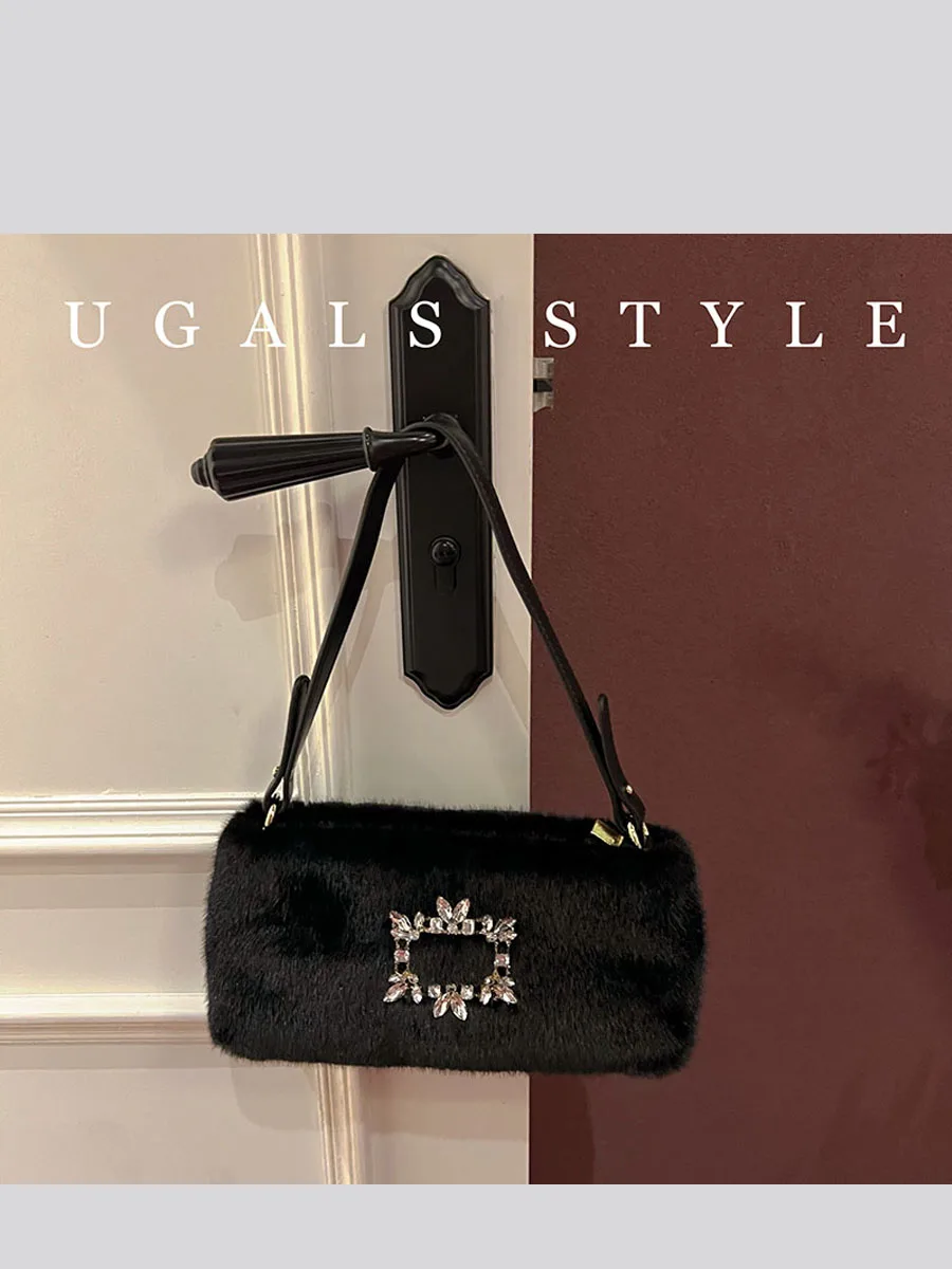 UGALS Shiny Furry Water Diamond Tote Party Rabbit Fur Underarm Crossbody Small Square Bag Casual Chic Diamond Embellished Tote