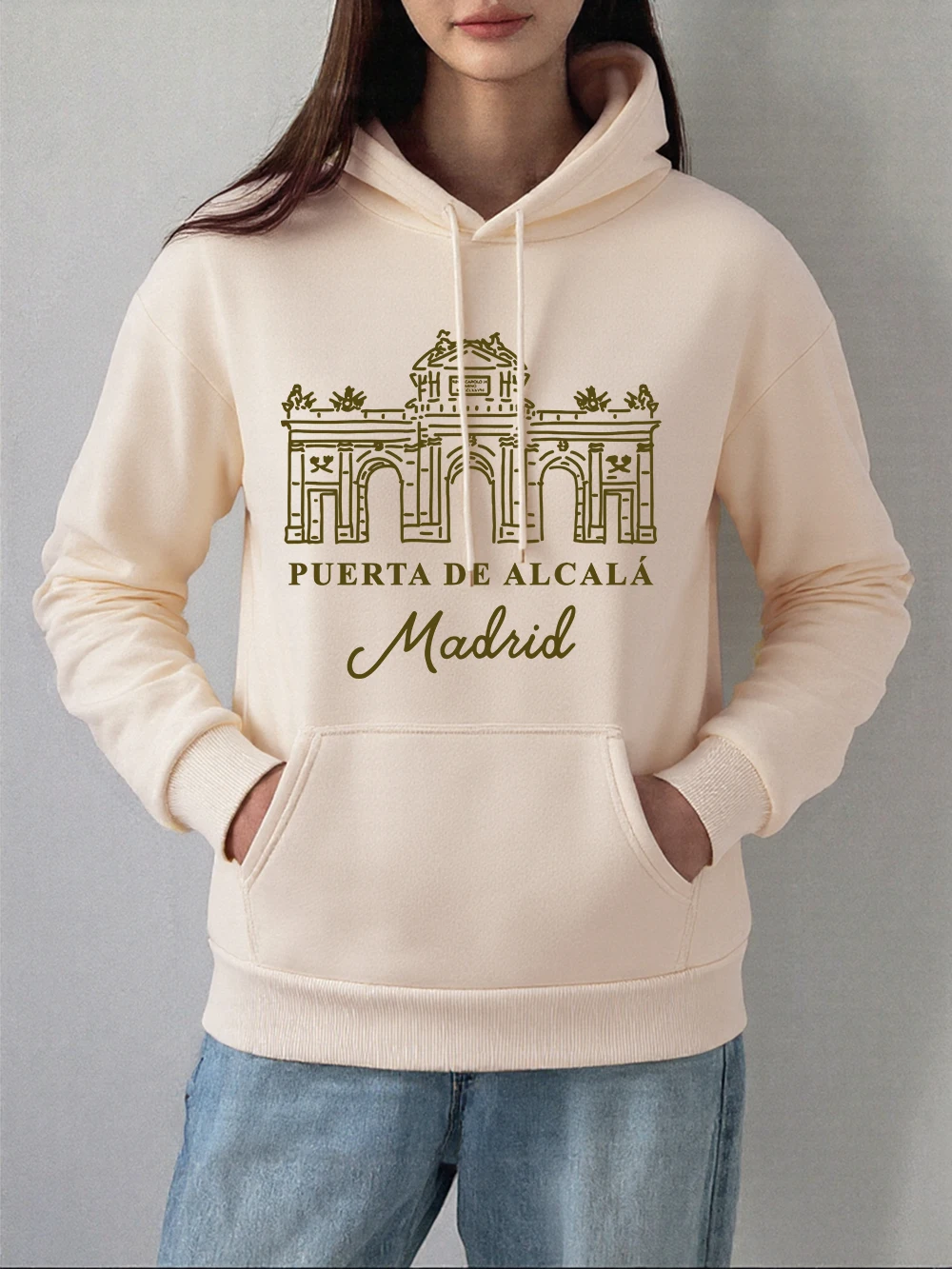 Sudaderas con capucha con estampado De Puerta De Alcalá Madrid para mujer, sudaderas básicas holgadas, jersey cálido De lana para invierno, ropa informal con bolsillo para mujer
