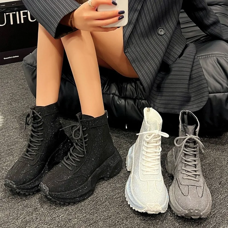 

Women's Fashion New Short Boots Large Size Lace-up Rhinestone Spring and Autumn Boots Thick Sole Heightening Casual Sports Shoes