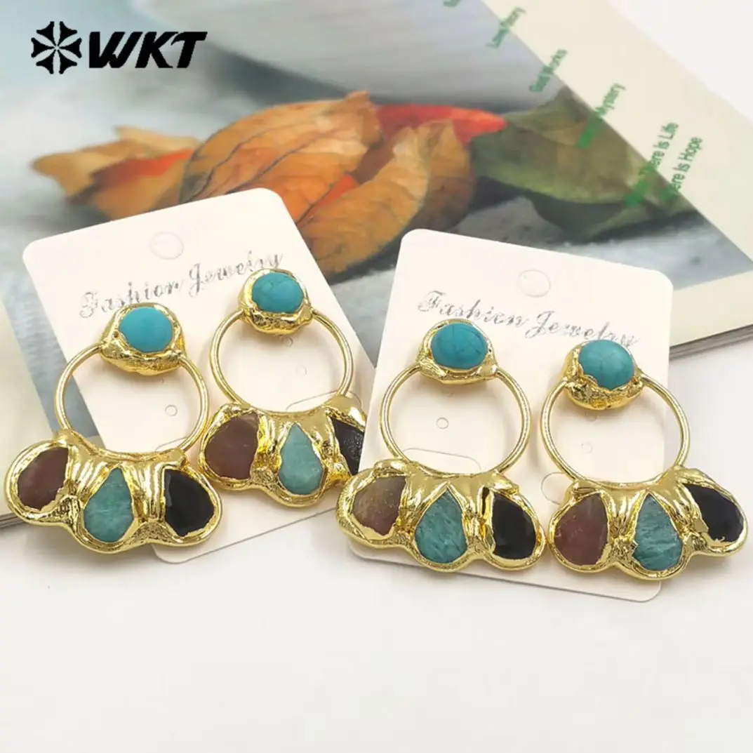 

WKT-E755 Круглые полые серьги из натурального бирюзового и черного обсидиана, классические серьги ACC для женщин, вечерние украшения