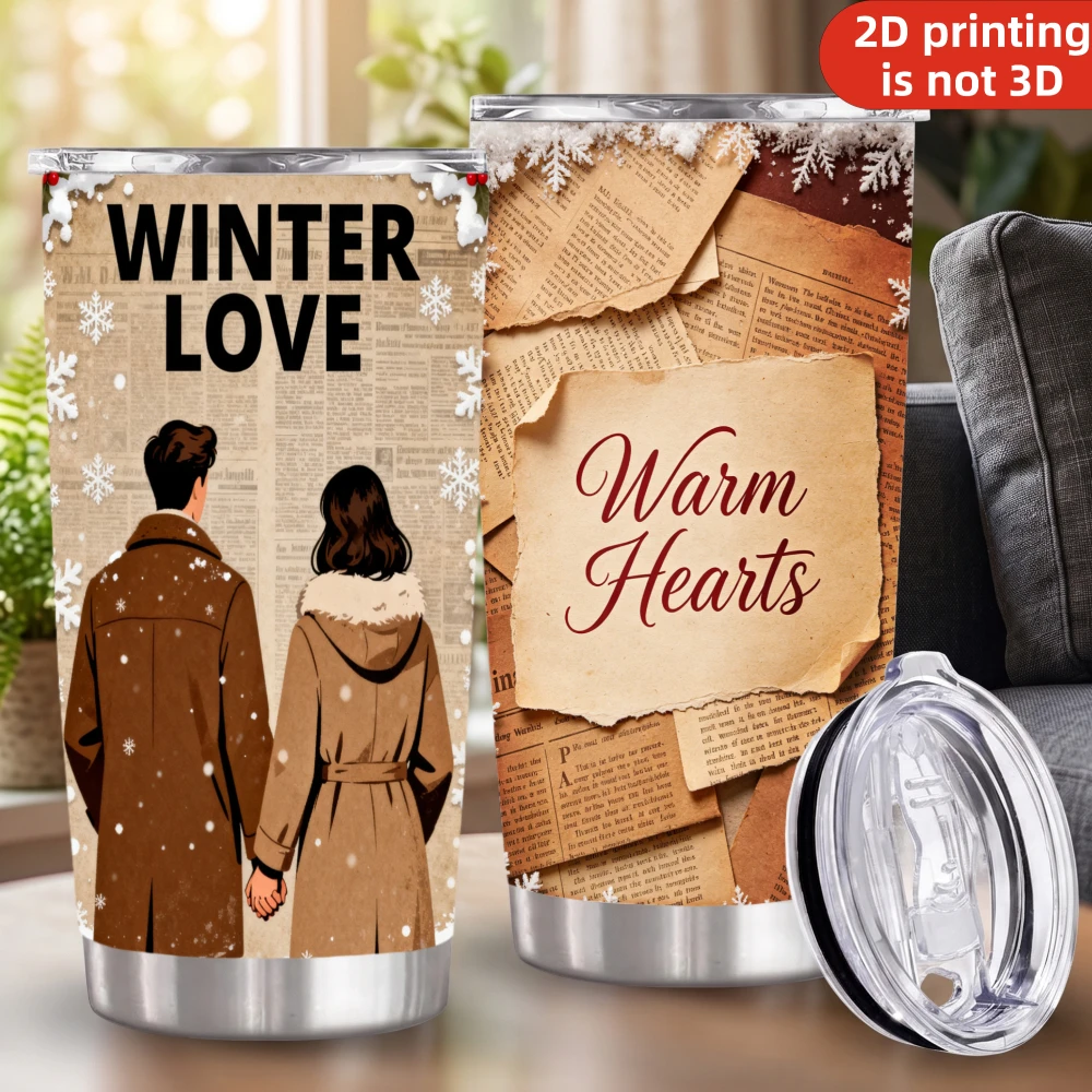 20oz Winter Love Warm Hearts Printed Stainless Steel Tumbler with Lid and Straw, Romantic Couple Snowflakes Vintage Newspaper Vacuum Insulated Travel Coffee Mug Christmas Gifts