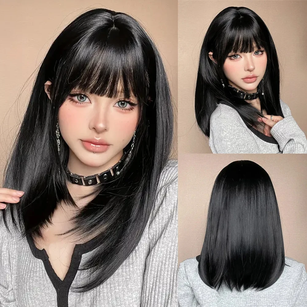 Black Synthetic Wigs Medium Long Straight Hair Wigs With Bangs Natural Looking Hair Wig for Women Daily Party Halloween Use Heat