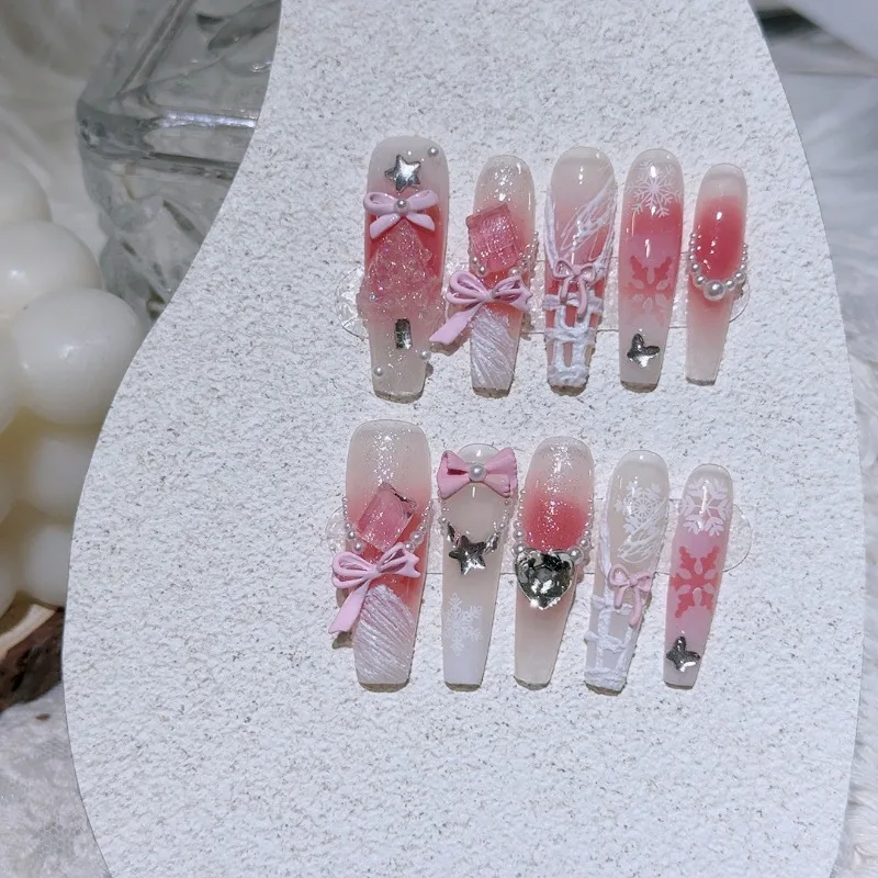 10 Pieces Cute Princess Pink Blush Bow Handmade Press On Nails Glitter Diamond Plaster Plaid Fake Nails Removable Reusable
