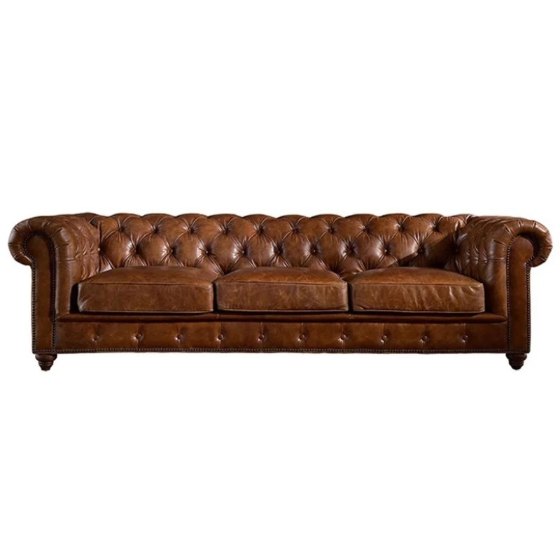 Medieval leather art buckle sofa, old oil wax leather double three or four combination European retro sofa