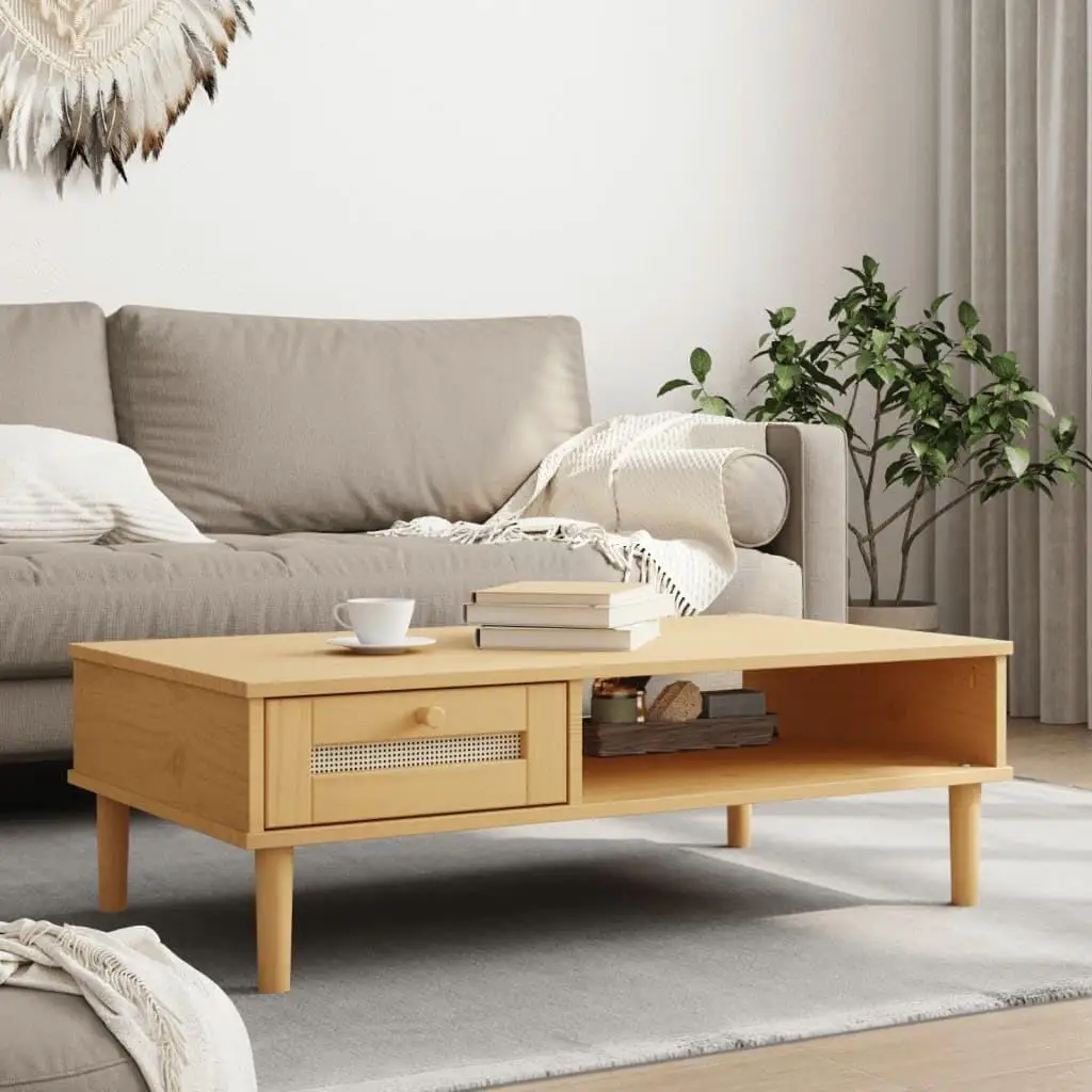 

Brown Rattan Look Coffee Table SENJA - Solid Wood - 39.4x21.7x13 - Stylish Home Furniture