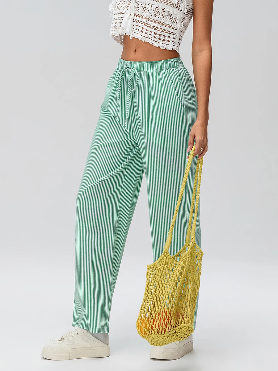 

Новые женские повседневные брюки в полоску с принтом, свободные прямые длинные брюки с эластичной резинкой на талии и карманами, уличная одежда S, M, L