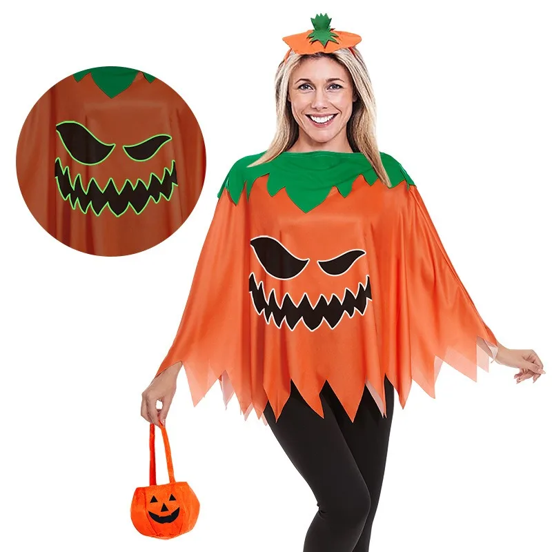 Conjunto de disfraz de Halloween con temática de calabaza para mujer con capa y diadema, traje de fiesta divertido para celebraciones de Halloween