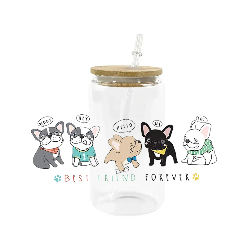 3D Lovely Dog Cartoon Cat Decal 16oz UV DTF Cup Wrap Transfers Stickers Washable Custom Logo DIY Mug Sticker